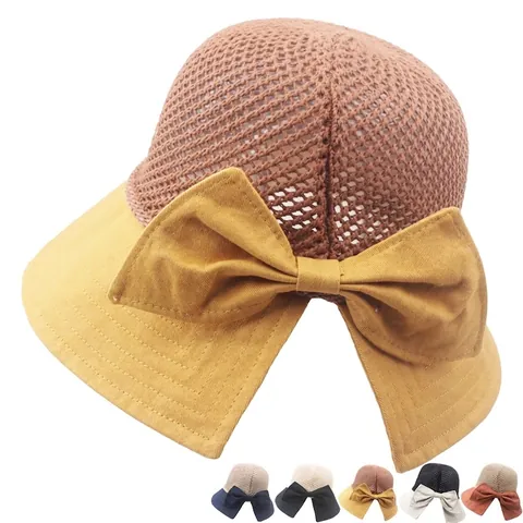Cappello Da Sole Donna Pescatore Traspirante Maglia Traforata Tesa Larga Grande Fiocco Estate Spiaggia Regolabile