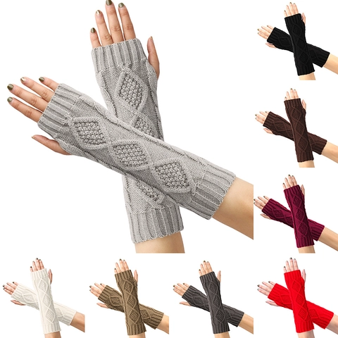 Women Winter Warm Fingerless Gloves Long Cable Knit Arm Warmers Acrylic Rhombic Pattern Ribbed Cuffs Fashion Cozy