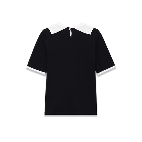 Camiseta De Punto Con Cuello Peter Pan Para Mujer Color En Contraste Lazo Manga Corta Top Casual