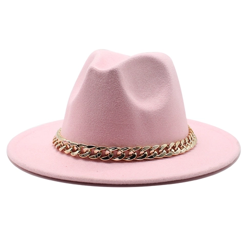 British Style Woolen Fedora Hat For Women Men Large Brim Felt Jazz Hat With Gold Metal Chain Fashion Accessory