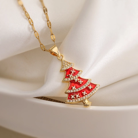 Collana con Pendente ad Albero di Natale in Rame Placcato Oro 18K per Donna Albero di Natale in Smalto e Strass Gioielli alla Moda