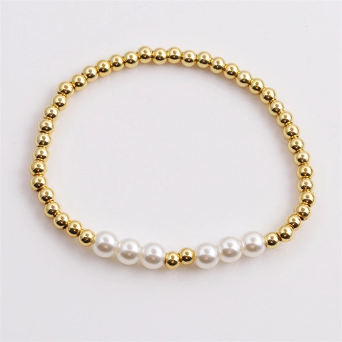 Fashion Beaded Bracelet Copper Gold Plated With White Faux Artificial Pearls Elastic Handmade Minimalist Jewelry For Women Elegant