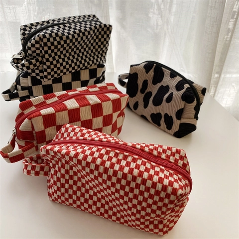 Tragbare Kosmetiktasche Seersucker Schachbrettmuster Make-up Beutel Mit Griff Geräumiger Reiseorganisator