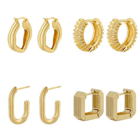 Geometric Hoop Earrings 18K Gold Plated Copper Irregular U Shaped Textured Wave Design For Women Elegant Jewelry