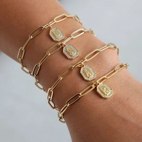 Personalized 18K Gold Plated Paperclip Chain Bracelet With Octagonal Initial Letter Pendant Pave Rhinestone Fashion Jewelry For Women