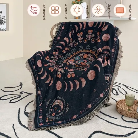 Bohemian Woven Throw Blanket Cotton Moon Phase Mandala Tassels Multifunctional Sofa Cover Picnic Mat Decorative Wall Tapestry Vintage