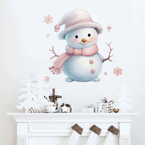 Christmas Wall Stickers Removable PVC Self Adhesive Watercolor Snowman Christmas Tree Merry Christmas Lettering Home Decor