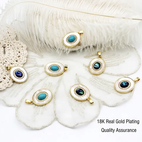 Pendenti Ovali Vintage Ottone Placcato Oro 18K Con Madreperla Conchiglia Di Abulone Turchese Zircone Per Gioielli Fai Da Te