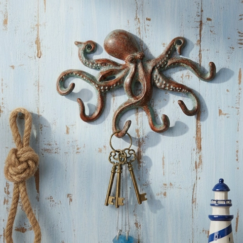 Octopus Wall Hook Cast Iron Decorative Heavy Duty Nautical Vintage Multi-hook For Entryway Mudroom Garden Coat Keys