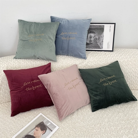 Velvet Throw Pillow Cover Gold Letter Embroidery Love Rewards The Brave Soft Square Decorative Cushion Case Morandi