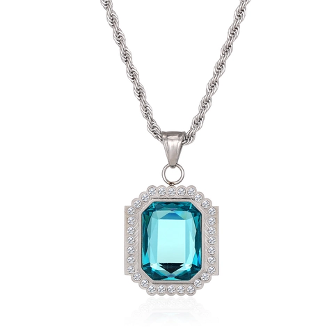 Hip Hop Blau Rechteck Saphir Anhänger Halskette Edelstahl Iced Out Strass Streetwear Schmuck Für Herren Damen