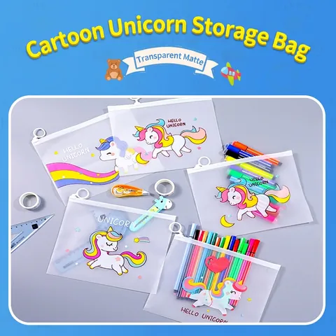 Cartoon Unicorn Storage Bag Frosted PEVA Waterproof Document Pouch Ring Zipper Organizer For Students Travel Stationery