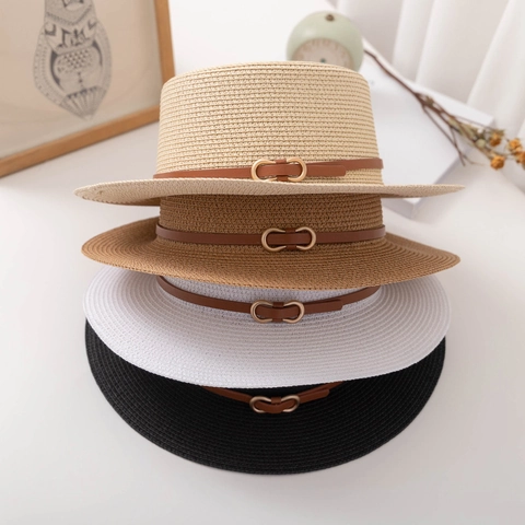 French Flat Top Boater Hat Women Summer Wide Brim Paper Straw Sun Protection Breathable Fashion Leather Belt Decor