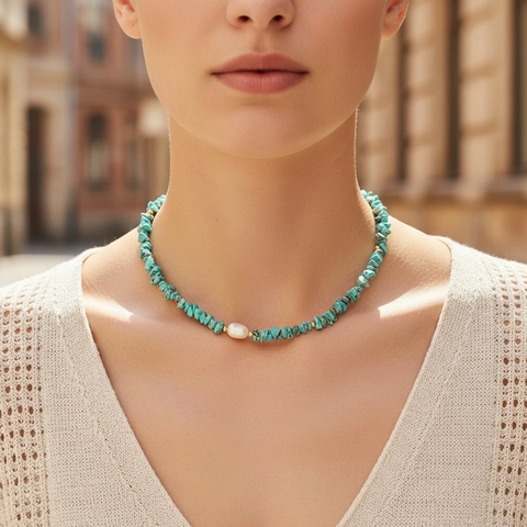 Bohemian Natural Crushed Gemstone Beaded Necklace For Women With Freshwater Pearl Handmade Ethnic Vintage Jewelry