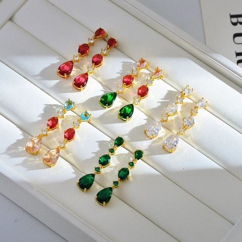 Luxus Lange Hängeohrringe Kupfer Mit Bunten Wassertropfen Zirkonia Edelstein Schmuck Für Damen