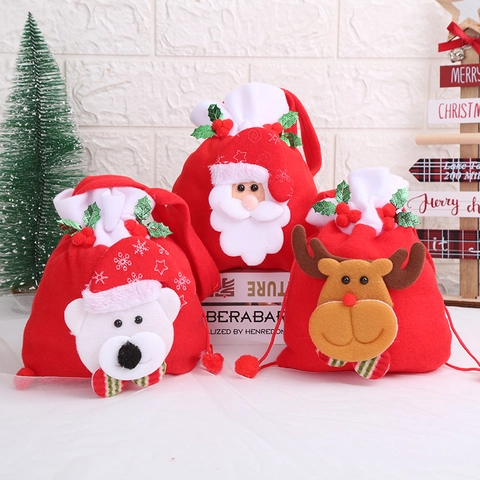 Sacchetti Regalo Di Natale Velluto Coulisse Con Bambole 3D Babbo Natale Pupazzo Di Neve Renna Orso Borse Per Caramelle Portatili