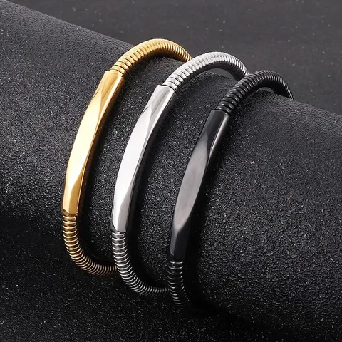 Men Stainless Steel Bracelet Threaded Spring Snake Chain Curved Plate Minimalist Industrial Business Jewelry