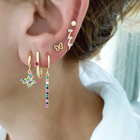 Orecchini a Cerchio con Ciondolo a Farfalla e Perno in Argento Sterling S925 Con Zirconia Colorata Gioielli di Moda Donna