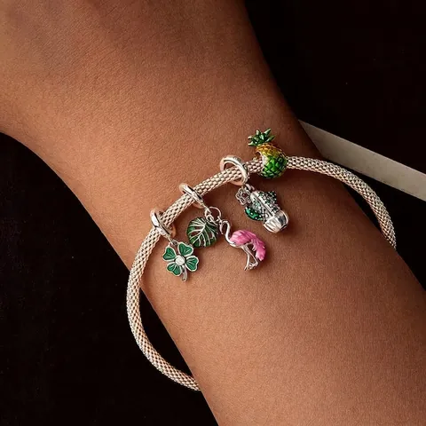 Abalorios De Plata De Ley 925 Tema Planta Flamenco Cactus Piña Trébol Esmalte Circonia Colgante Joyería DIY Cuentas