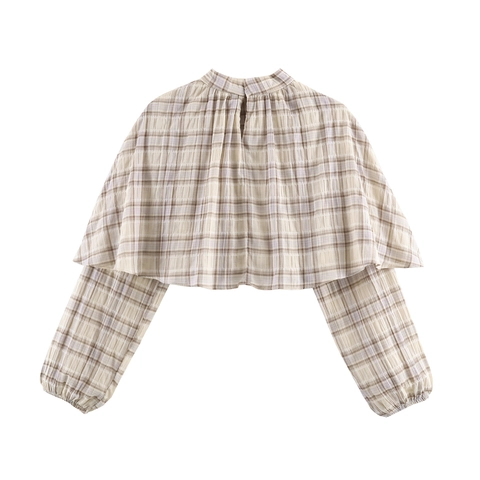 Plaid Crop Top Met Lange Mouwen Voor Dames Polyester Opstaande Kraag Ruches Gelaagd Sjaalontwerp Pullover Retro Mode