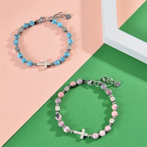 Bracciale Di Perline In Pietra Naturale Con Ciondolo A Croce In Acciaio Inossidabile Perline Rotonde Gioielli Religiosi Regolabili Per Donna Uomo