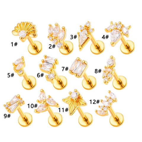 Titanium Internally Threaded Lip Ring Stud Copper Cubic Zirconia Labret Cartilage Piercing Jewelry Geometric Shell Leaf