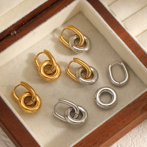 Double Hoop Ohrringe Damen Minimalistisch Ineinandergreifend 18k Vergoldet 304 Edelstahl Zweifarbig Hochglanzpoliert Schmuck
