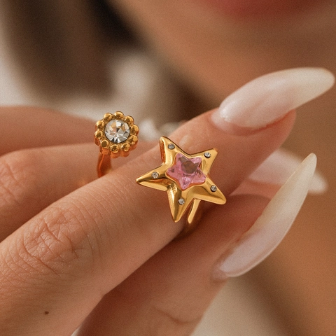 Star Open Ring Stainless Steel Pink Zircon Adjustable Finger Jewelry For Women Elegant Minimalist Jewelry