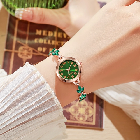 Fashion Women Quartz Watch Rhinestone Clover Leaf Bracelet Watch Elegant Adjustable Drawstring Alloy Strap Jewelry Gift