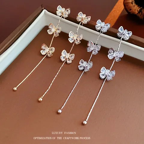 Butterfly Bow Tassel Drop Earrings Elegant Copper Cubic Zirconia With Silver Earring Post Long Chain Jewelry Women