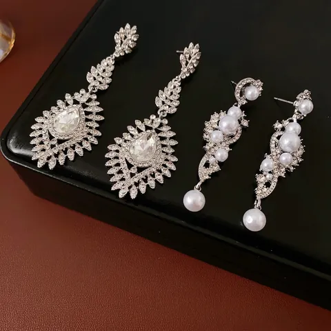 Orecchini Pendenti Lunghi Di Lusso Per Donna Strass Perla Artificial Imitazione Lega Con Perno In Argento Sterling 925 Elegante