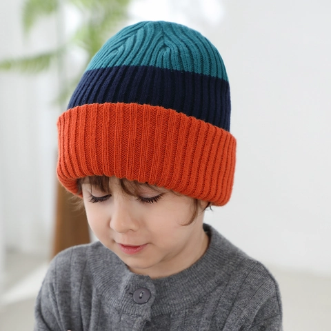 Children Winter Knitted Acrylic Beanie Hat For Boys And Girls Warm Striped Color Block Ribbed Knit Daily Outdoor Accessory