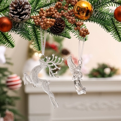 Clear Acrylic Christmas Hanging Ornaments Snowflakes Reindeer Stars Icicles Angel Shapes Transparent Holiday Tree Decorations