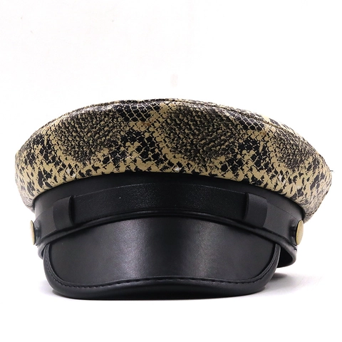 Gorra Newsboy Cuero PU Patrón Serpiente Parte Superior Plana Sombrero Militar Con Botón Dorado Decorativo Para Mujeres