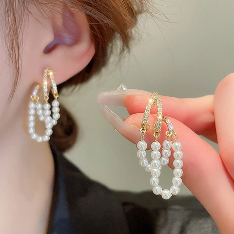 Vintage Zirkon Imitation Künstliche Perle Quaste Hängeohrringe Kupfer Mit 925 Sterling Silber Ohrring Stecker Für Frauen Elegant