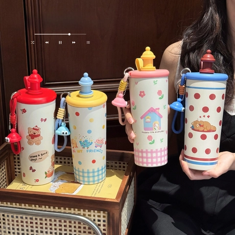 Cute Cartoon 316 Stainless Steel Insulated Water Bottle Vacuum Flask With Straw Tea Filter Portable Strap For Girls Students