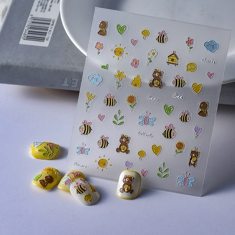 Stickers Ongles En Relief Ours Et Abeille Dessin Animé Mignon Imperméable Autocollant Décoration Manucure DIY