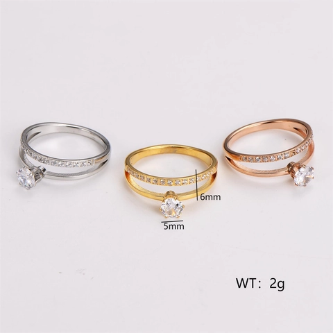 Double Layer Stainless Steel Ring For Women Round Zircon Solitaire Micro Pave Elegant Simple Band
