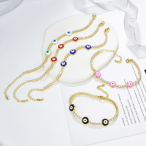 Bracciale Tennis Malocchio Rame Placcato Oro 18K Zirconi Smalto Colorato Gioielli Regolabili Per Donna