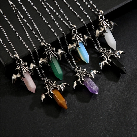 Bat Wing Pendant Necklace Natural Hexagonal Pillar Crystal Stone Copper Alloy Gothic Retro Jewelry For Women Men