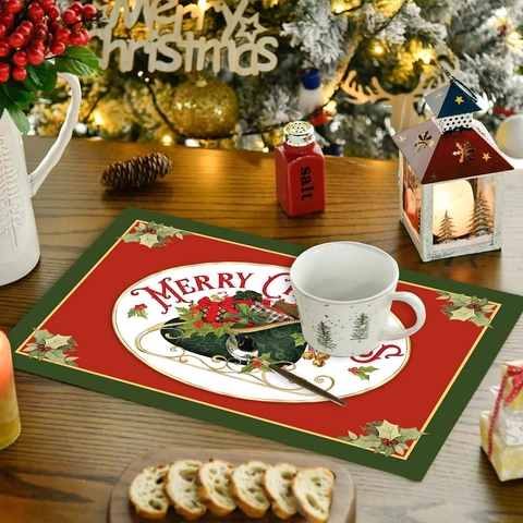 Sets De Table De Noël Motif Traîneau Polyester Tapis De Table Résistants À La Chaleur Décoration De Fête Joyeux Noël