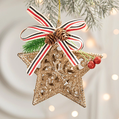 Ornamenti Per Albero Di Natale Oro Scintillante Pendente In Plastica Glitterata Puntale Con Fiocco Pigna Bacche Decorazione Festiva