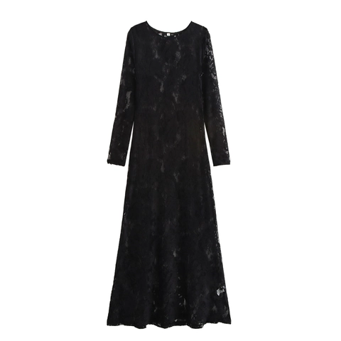 Women Sexy French Lace Maxi Dress Long Sleeve Round Neck Slim Fit Elegant Hollow Out Party Black