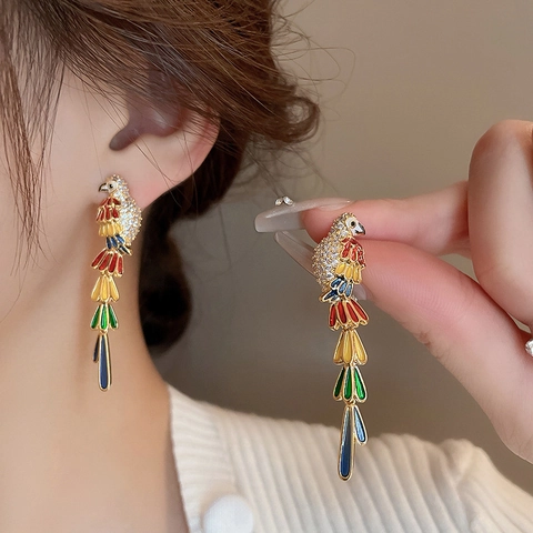 Parrot Long Tassel Drop Earrings With Colorful Enamel Zircon Copper And 925 Sterling Silver Earring Post For Women