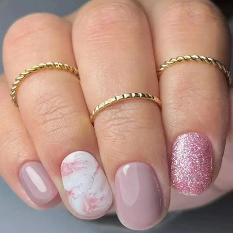 Unghie Press On Corte Quadrate Rotonde Rosa Motivo Pietra Marmo Glitter Luccicanti Unghie Finte Per Donne Ragazze Moda