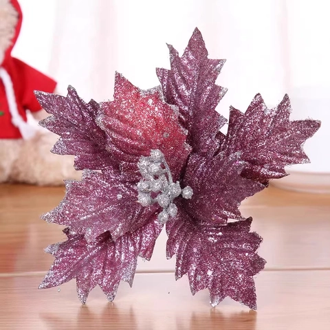 Artificial Christmas Poinsettia Flowers Fabric With Glitter Silver Berries For Christmas Tree Decoration Home Ornaments