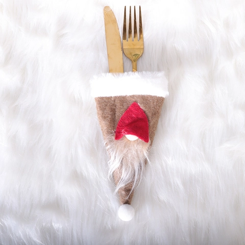 Porte-Couverts De Gnome De Noël Poches À Couverts En Feutre Peluche Bonnet Rouge Barbe Blanche Déco De Table De Noël