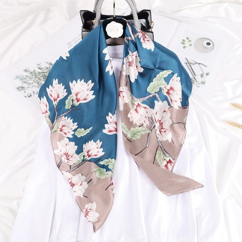 Elegant Floral Print Satin Square Scarf Retro Smooth Satin Feel Headscarf Sun Protection Shawl For Women