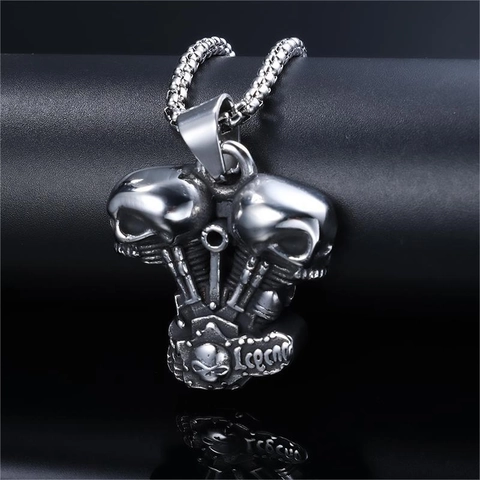 Collana Con Ciondolo Motore Doppia Testa Di Morto Acciaio Inossidabile Punk Gothic Rock Biker Gioielli Da Uomo