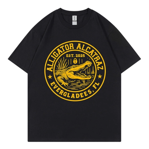 Men Cotton T-Shirt Alligator Alcatraz Print American Retro Round Neck Short Sleeve Casual Fashion Loose Fit